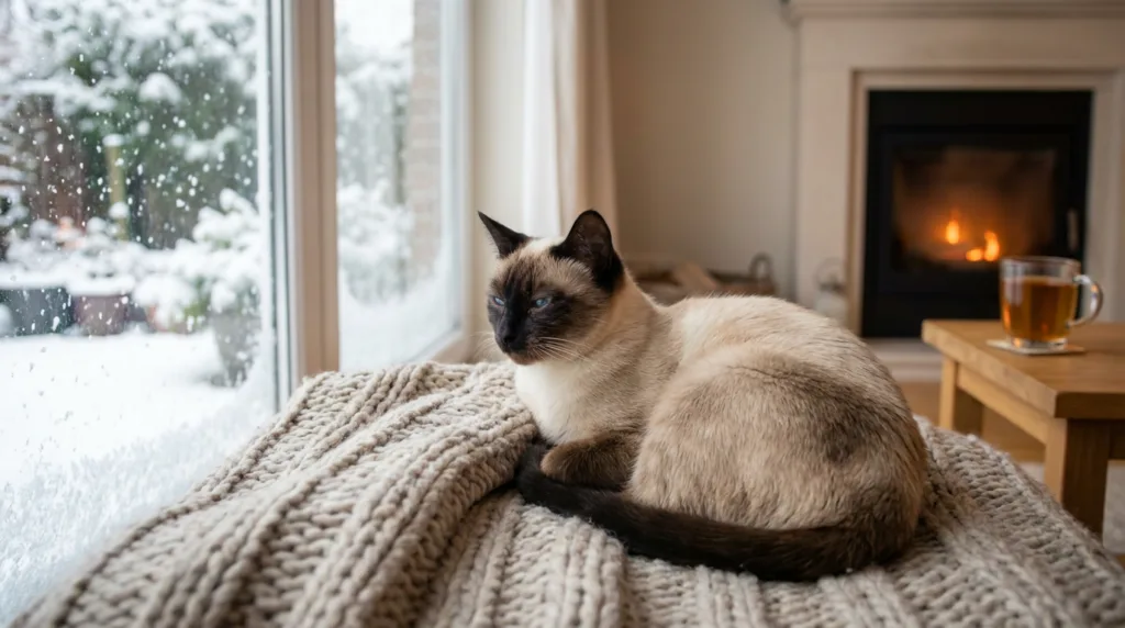 Photo : Un magnifique chat siamois se repose confortablement dans une maison douillette en hiver, sous une couverture moelleuse et dans un intérieur chaleureux. La neige tombe dehors, baignée d'une douce lumière naturelle. Le chat semble détendu et paisible - Comment s'occuper du siamois en hiver