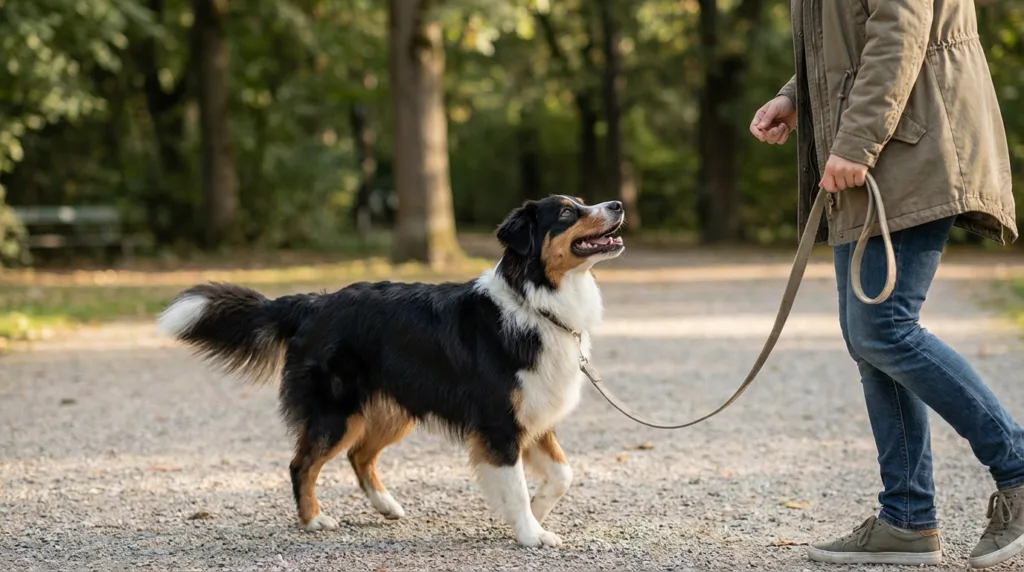 photo : Berger Australien marche calmement en laisse détendue aux côtés de son maître expression attentive concentrée posture relâchée maîtrise laisse parfaite moment d'apprentissage positif - le chien ne tire pas, aucune tension