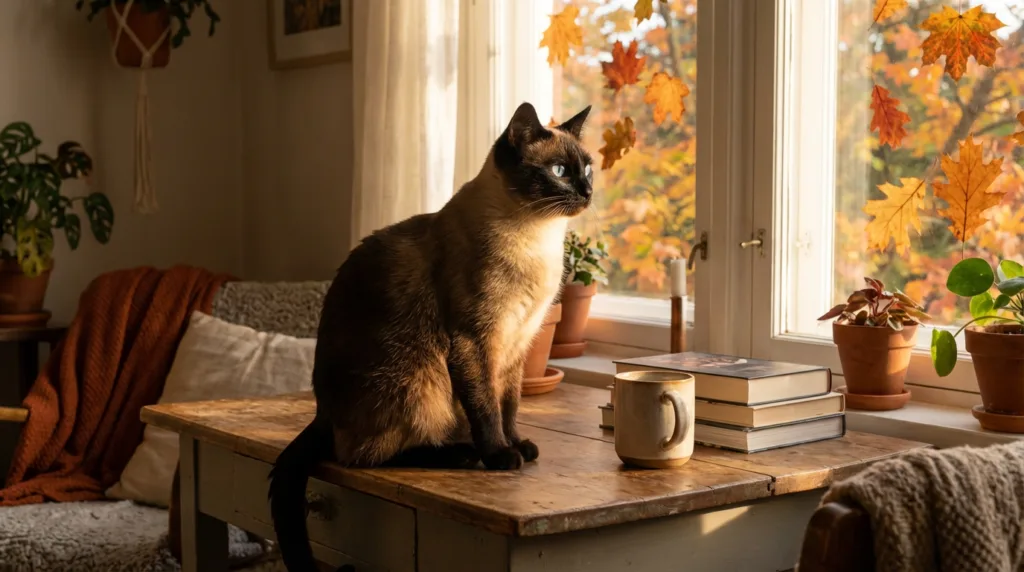 Photo : Chat siamois en pleine santé, assis sur une table en bois près d'une fenêtre en automne. À l'extérieur, les feuilles aux couleurs chatoyantes, la douce lumière dorée du soleil inondant la pièce