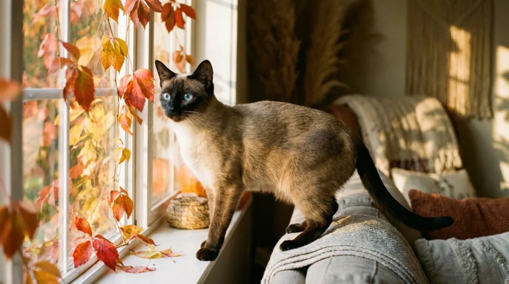 Photo : Chat siamois en pleine santé, assis sur une table en bois près d'une fenêtre en automne. À l'extérieur, les feuilles aux couleurs chatoyantes, la douce lumière dorée du soleil inondant la pièce