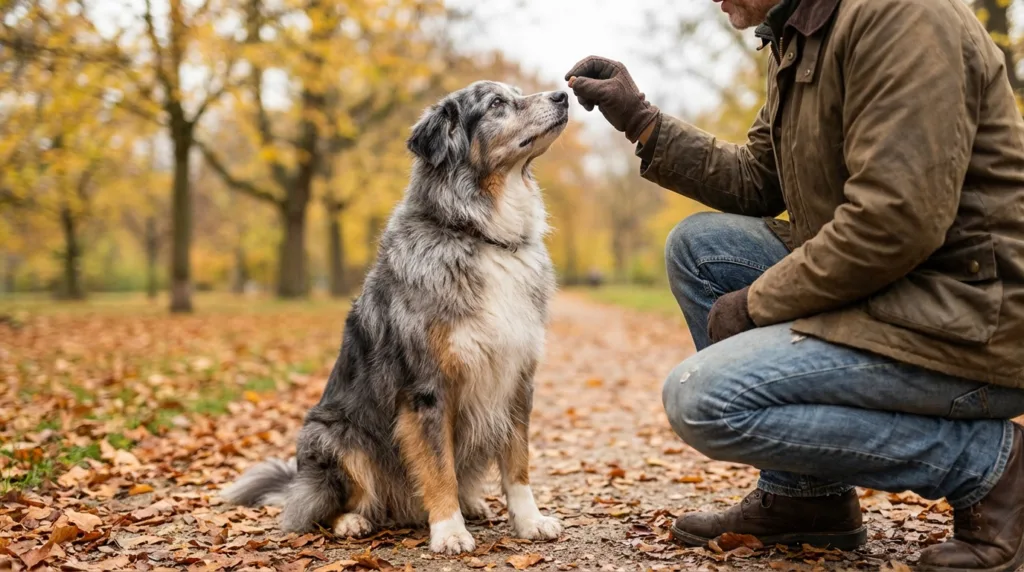 Photo : Un Berger Australien âgé participe calmement à une séance d'entraînement douce avec son maître- Il répond attentivement à un ordre manuel, son expression est douce et confiante, on aperçoit des poils gris autour de son museau, sa posture est détendue- La scène, basée sur le renforcement positif, se déroule dans un parc automnal aux couleurs subtiles de la saison, baigné d'une douce lumière naturelle