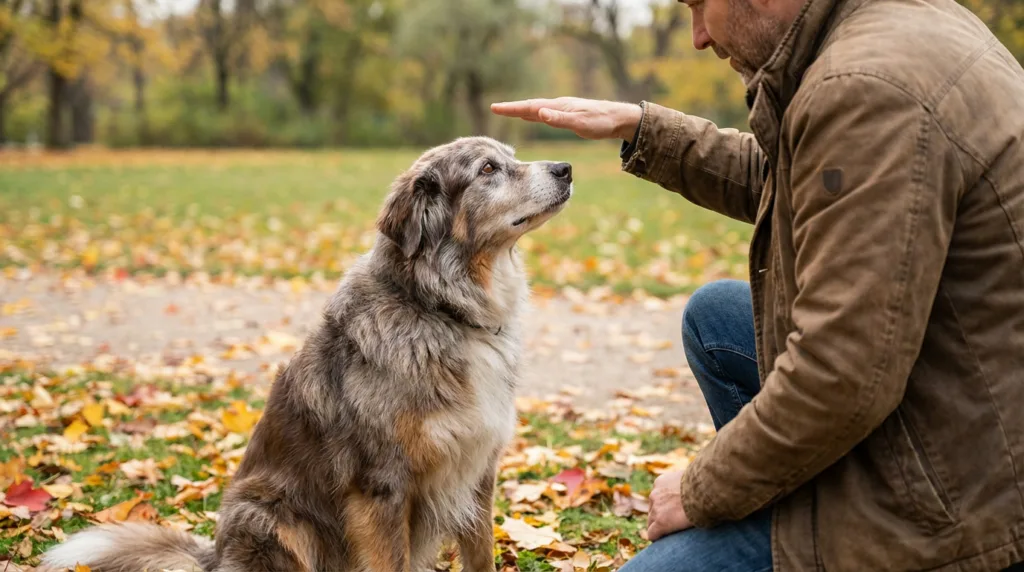 photo : Un berger australien senior s'engage calmement dans une séance d'entraînement en douceur avec son propriétaire, répondant attentivement à un ordre de la main, expression douce et confiante, fourrure grise visible autour du museau, posture détendue, scène d'entraînement par renforcement positif, décor de parc d'automne avec de subtiles couleurs d'automne, lumière du jour douce et naturelle, photographie professionnelle réaliste, style éditorial éducatif épuré, cadrage large avec le chien centré dans le cadre, composition minimale, haute résolution