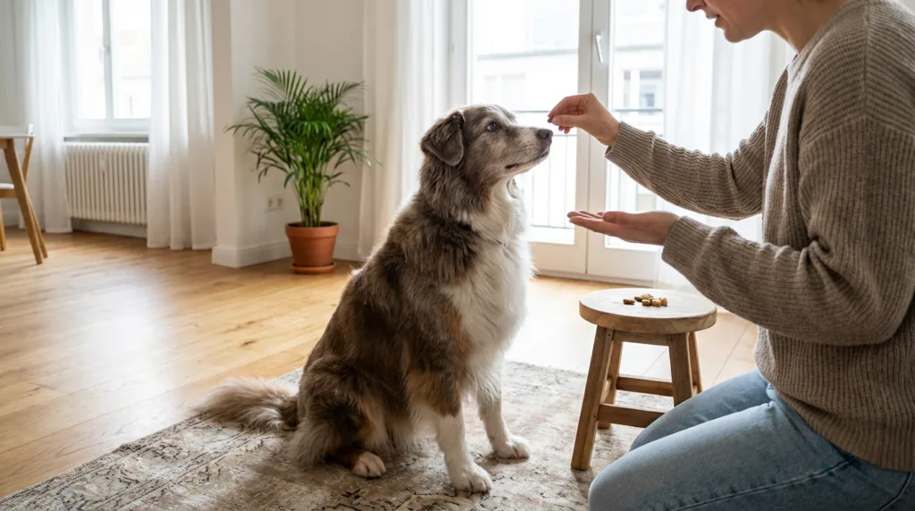 photo : Un berger australien s'engage calmement dans une séance d'entraînement en douceur avec son propriétaire, répondant attentivement à un commandement de la main, expression douce et confiante, posture détendue, scène d'entraînement par renforcement positif, en appartement, lumière naturelle douce, photographie professionnelle réaliste, style éditorial éducatif épuré, cadrage large avec le chien centré dans le cadre, composition minimale, haute résolution, sur les conseils d'entraînement en douceur pour un berger australien en intérieur