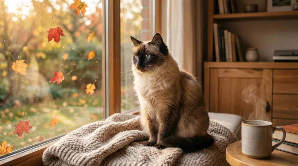 Photo : Un chat siamois paisible assis près d'une fenêtre en automne, feuilles mortes colorées dehors, lumière dorée et chaude, atmosphère cosy, le chat semble pensif et détendu, détails de fourrure douce