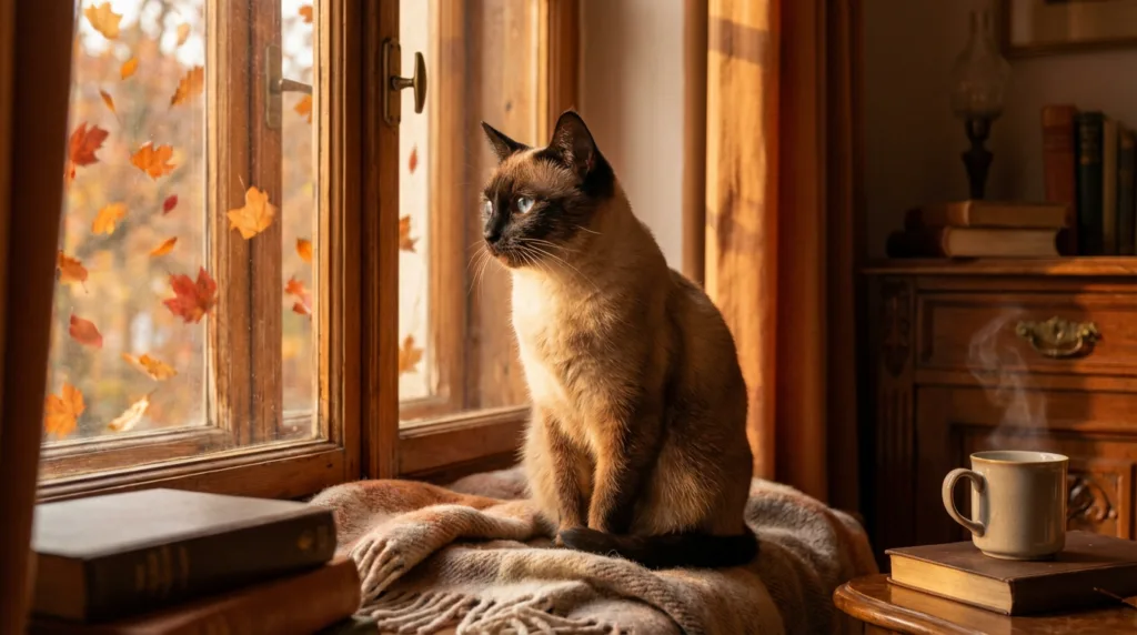 Photo : Un chat siamois paisible assis près d'une fenêtre en automne, feuilles mortes colorées dehors, lumière dorée et chaude, atmosphère cosy, le chat semble pensif et détendu, détails de fourrure douce, intérieur paisible, tons naturels (orange, marron, or), faible profondeur de champ