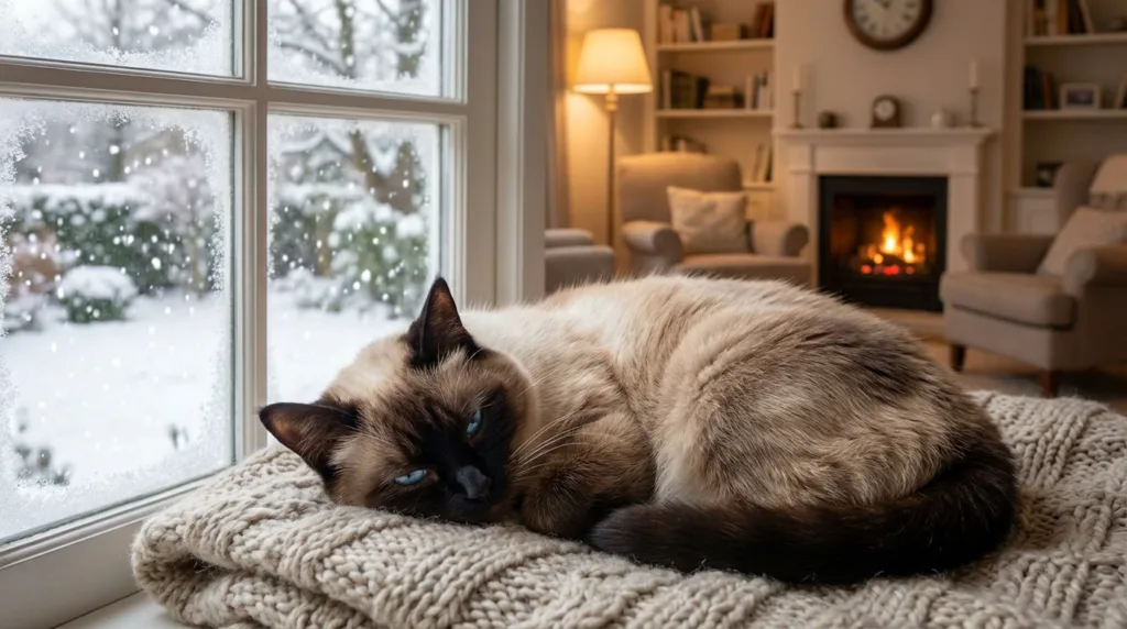 Photo : Un magnifique chat siamois se repose confortablement dans une maison douillette en hiver, sous une couverture moelleuse et dans un intérieur chaleureux. La neige tombe dehors, baignée d'une douce lumière naturelle. Le chat semble détendu et paisible. Son pelage crème et brun aux détails soignés contraste avec ses yeux bleu clair. L'atmosphère chaleureuse de l'intérieur contraste avec le froid hivernal extérieur.