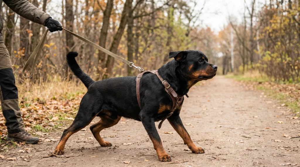 photo : A Rottweiler pulling strongly on a leash, powerful muscular posture, tense body language, determined and focused expression, controlled but energetic behavior, outdoor walking setting, natural daylight, realistic professional photography, clean educational mood, high resolution