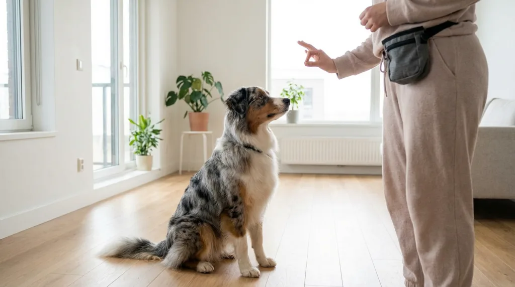 photo : Un berger australien s'engage calmement dans une séance d'entraînement en douceur avec son propriétaire, répondant attentivement à un commandement de la main, expression douce et confiante, posture détendue, scène d'entraînement par renforcement positif, en appartement, lumière naturelle douce, photographie professionnelle réaliste, style éditorial éducatif épuré, cadrage large avec le chien centré dans le cadre, composition minimale, haute résolution, sur les conseils d'entraînement en douceur pour un berger australien en intérieur