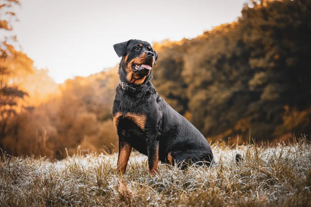 rottweiler, dog, sunset, domestic animal, animal, pet, forest, nature, field, meadow, rottie
