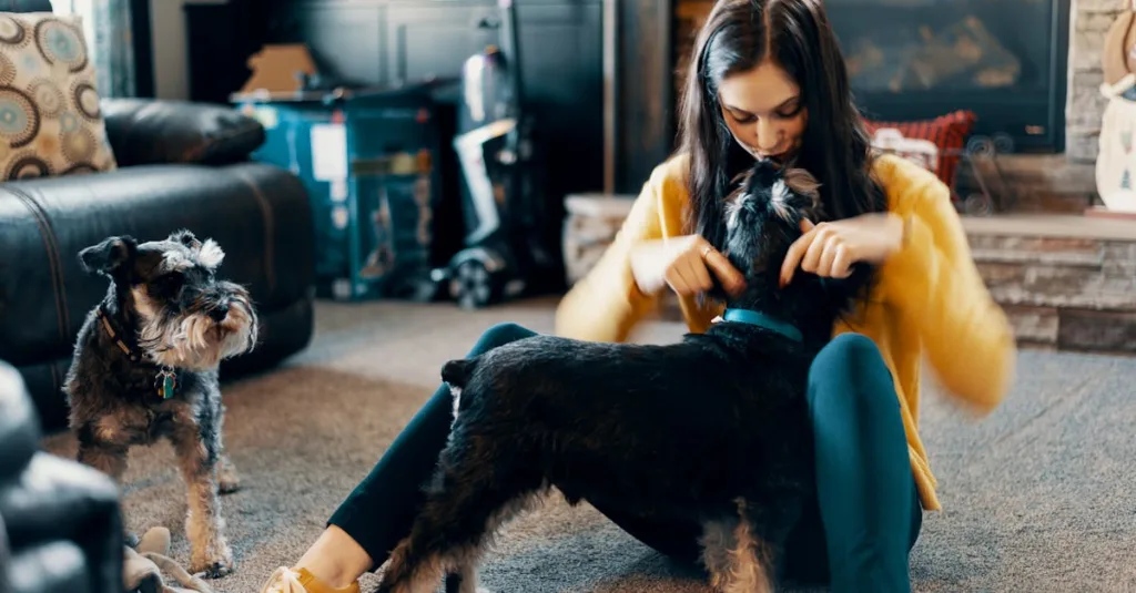 A woman lovingly plays with her schnauzer dogs in a warm living room setting.