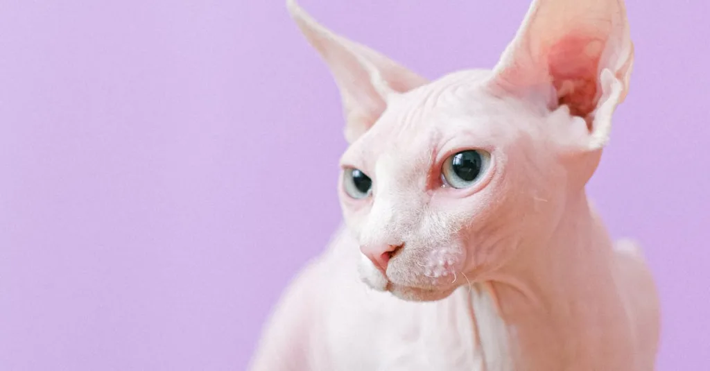 Close-up portrait of a sphynx cat against a soft violet background, showcasing its unique features.