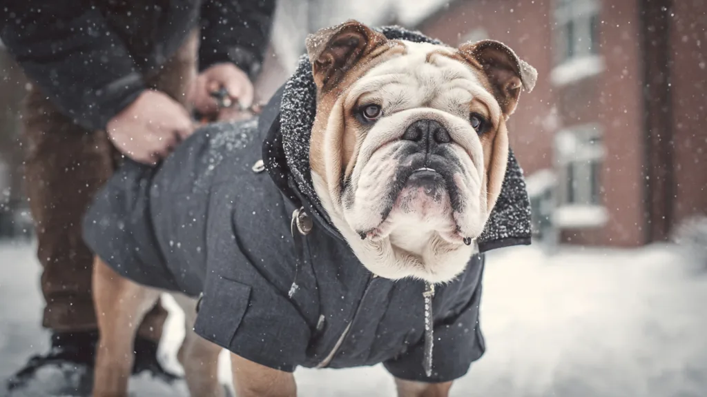 Photo : An English Bulldog in a winter outdoor setting, light snow on the ground, wearing a well-fitted warm dog coat, slightly wrinkled face clearly visible, calm and sturdy posture, owner nearby adjusting the coat or holding a leash, cozy residential background, soft natural daylight, protective and caring atmosphere, realistic professional photography
