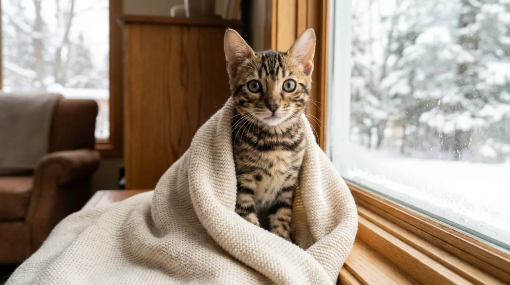 photo : Un jeune chaton du Bengale, assis tranquillement à l'intérieur près d'une fenêtre en hiver, enveloppé dans une douce couverture, l'air alerte mais détendu, laisse apparaître clairement son épais pelage à motifs. La lumière froide à l'extérieur, mêlée à la neige légère, contraste avec la chaleur de l'intérieur.