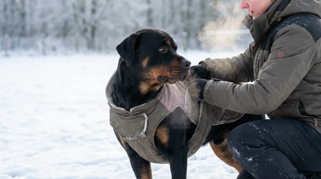 photo : A Rottweiler in a cold winter setting receiving practical care from its owner, visible cold breath in the air, muscular body slightly tense from the cold, warm protective dog coat being gently adjusted, calm and reassuring interaction, light snow on the ground