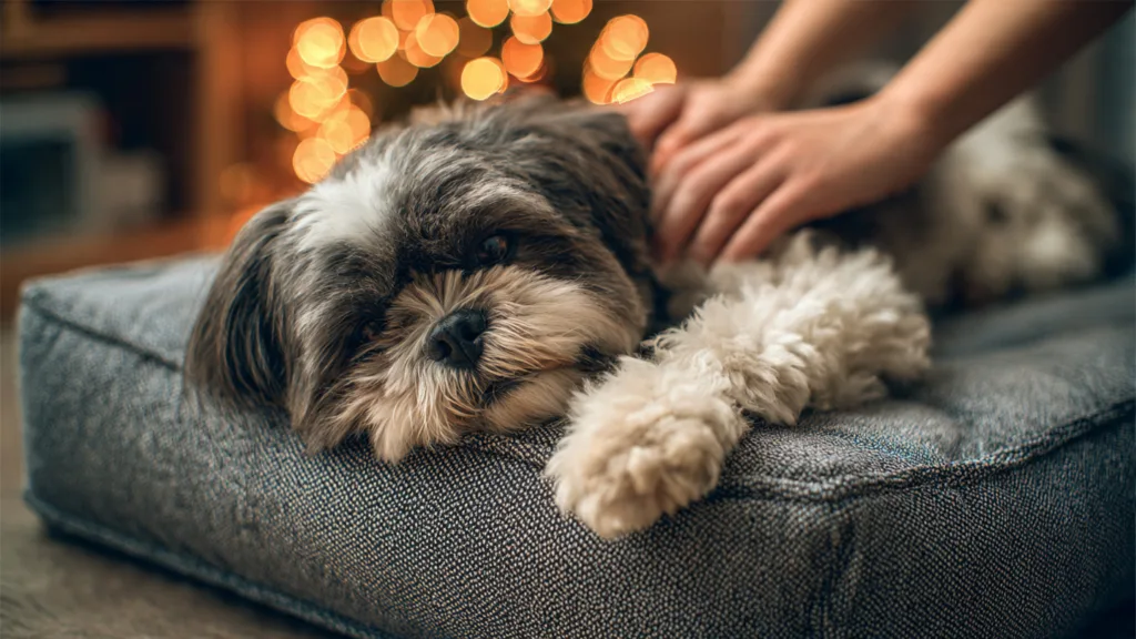 Photo : A senior Shih Tzu dog lying comfortably on a thick orthopedic dog bed, being gently massaged on its legs by caring human hands, warm indoor setting with soft ambient lighting, cozy winter atmosphere