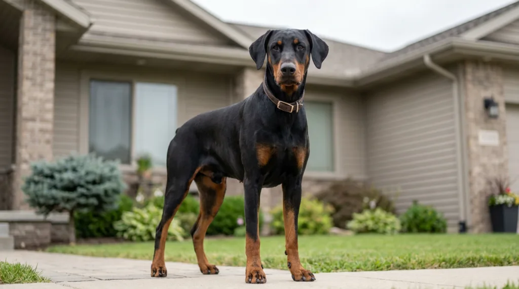 photo : Un doberman se tient calmement devant une maison. Son physique puissant et musclé, son allure à la fois confiante et douce, son expression affectueuse et loyale, sa présence protectrice sans agressivité, son langage corporel détendu, son pelage court et brillant bien visible, le tout dans un décor extérieur neutre, sous une lumière naturelle. Photographie professionnelle