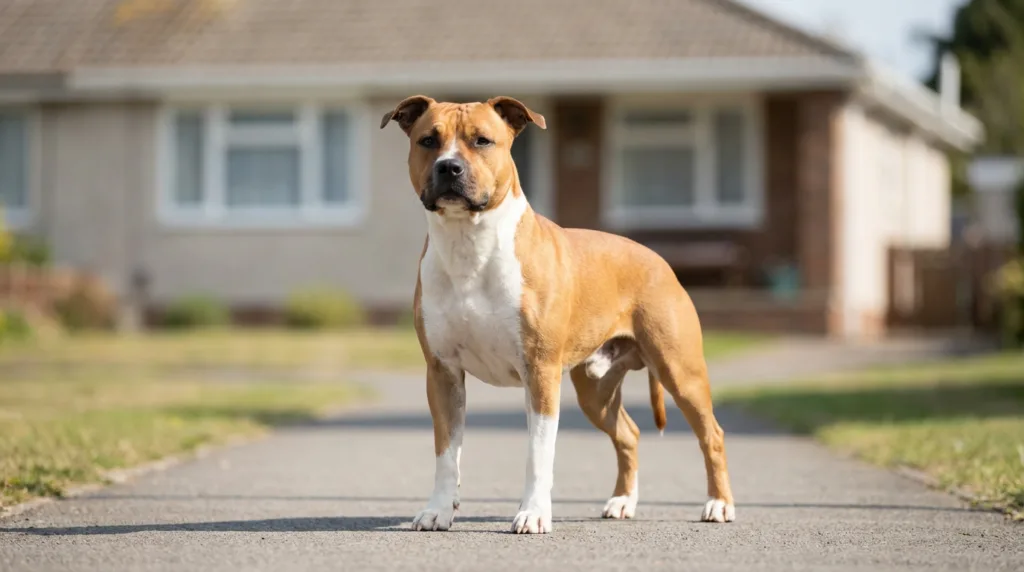 photo : Un American Staffordshire Terrier se tient calmement devant une maison. Son physique puissant et musclé, son allure à la fois confiante et douce, son expression affectueuse et loyale, sa présence protectrice sans agressivité, son langage corporel détendu et son pelage court et brillant sont parfaitement visibles. Le tout se déroule dans un cadre extérieur neutre, sous une lumière naturelle. Photographie professionnelle