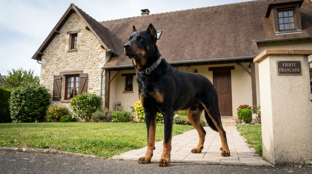 photo : Un Beauceron (Berger de Beauce) se tient fièrement devant une maison. Son allure puissante et élégante, sa posture noble et fière, son expression calme mais attentive, témoignent de la forte présence d'un chien de travail français. Il dégage une autorité et un équilibre naturels. Son pelage court et foncé est bien visible. Le décor extérieur est neutre, la lumière naturelle du jour. Photographie professionnelle