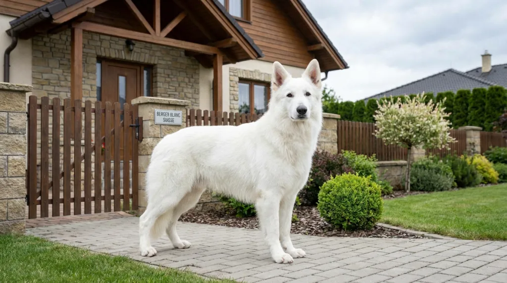 photo : Un Berger Blanc Suisse  le gardien élégant et doux, se tenant droit et confiant devant une maison. Silhouette puissante et élégante, posture fière et noble, expression calme mais vigilante, forte présence de chien de travail français, autorité et équilibre naturels. Cadre extérieur neutre, lumière naturelle, photographie professionnelle