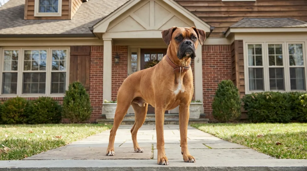 photo : Un Boxer  le gardien joueur et dynamique, élégant et doux, se tenant droit et confiant devant une maison. Silhouette puissante et élégante, posture fière et noble, expression calme mais vigilante, forte présence de chien de travail français, autorité et équilibre naturels. Cadre extérieur neutre, lumière naturelle, photographie professionnelle