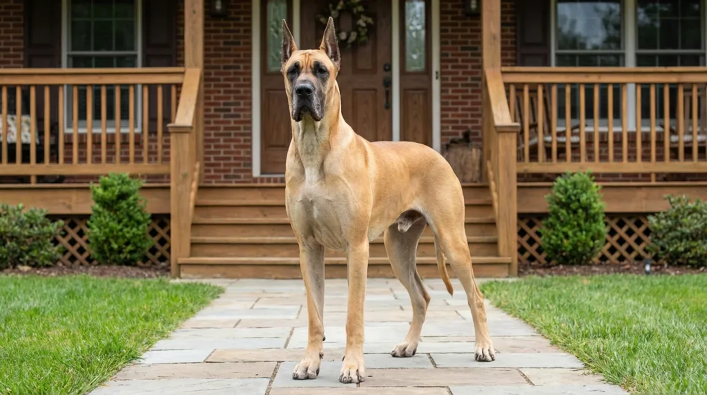 photo : Un Dogue Allemand, gardien élégant et doux, se tient droit et confiant devant une maison. Sa silhouette puissante et élancée, sa posture fière et noble, son expression calme mais vigilante, témoignent de la forte présence d'un chien de travail français. Il dégage une autorité et un équilibre naturels. Le cadre extérieur est neutre, la lumière naturelle du jour. Photographie professionnelle