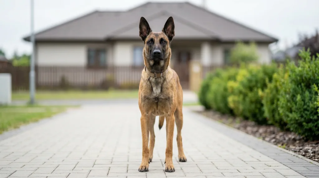 photo : Un Malinois belge, alerte et concentré, le regard intense et attentif, silhouette svelte et athlétique, oreilles dressées, posture de garde experte, présence calme mais extrêmement vigilante, une maison d'habitation clairement visible en arrière-plan, décor extérieur neutre, lumière naturelle, photographie professionnelle