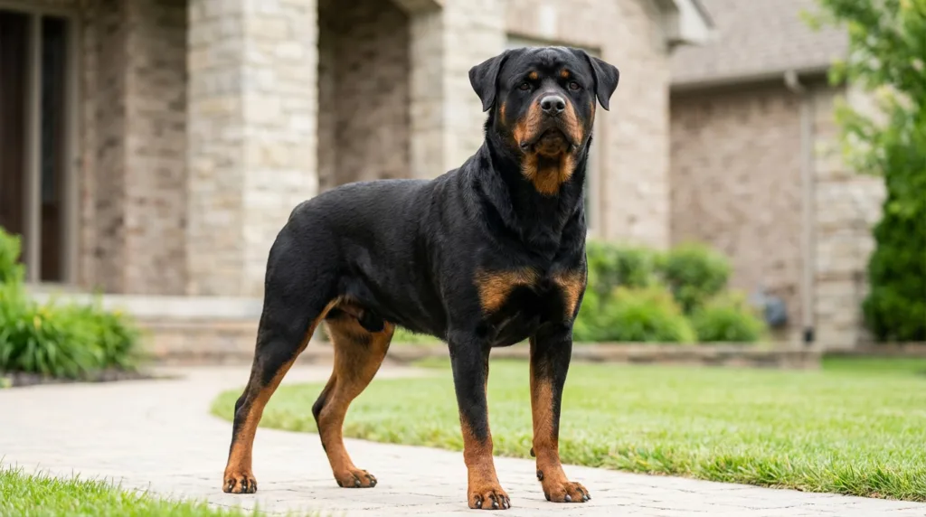 photo : Un Rottweiler  le gardien élégant et doux, se tenant droit et confiant devant une maison. Silhouette puissante et élégante, posture fière et noble, expression calme mais vigilante, forte présence de chien de travail français, autorité et équilibre naturels. Cadre extérieur neutre, lumière naturelle, photographie professionnelle