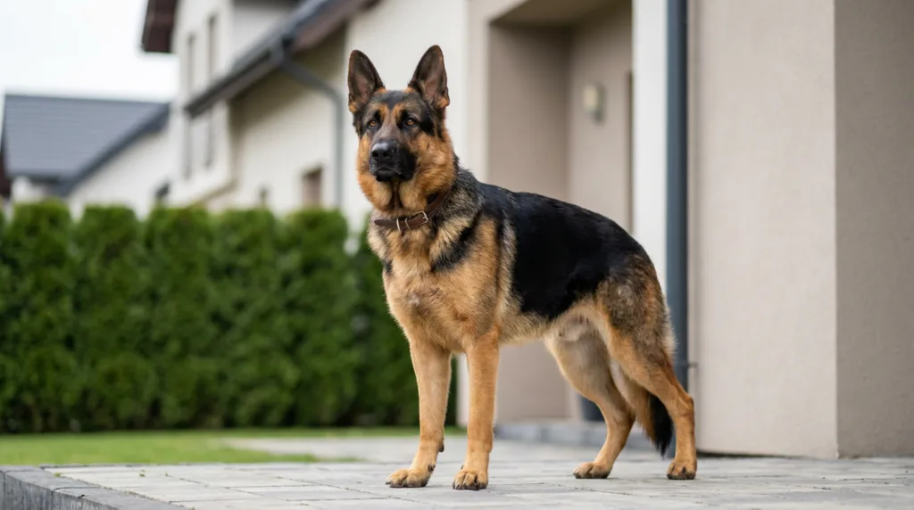 photo : Un berger allemand, alerte et confiant, se tient devant une maison. Posture fière et protectrice, expression intelligente et vigilante, silhouette forte et équilibrée, présence calme d'un chien de garde. Fond neutre, lumière naturelle, photographie professionnelle