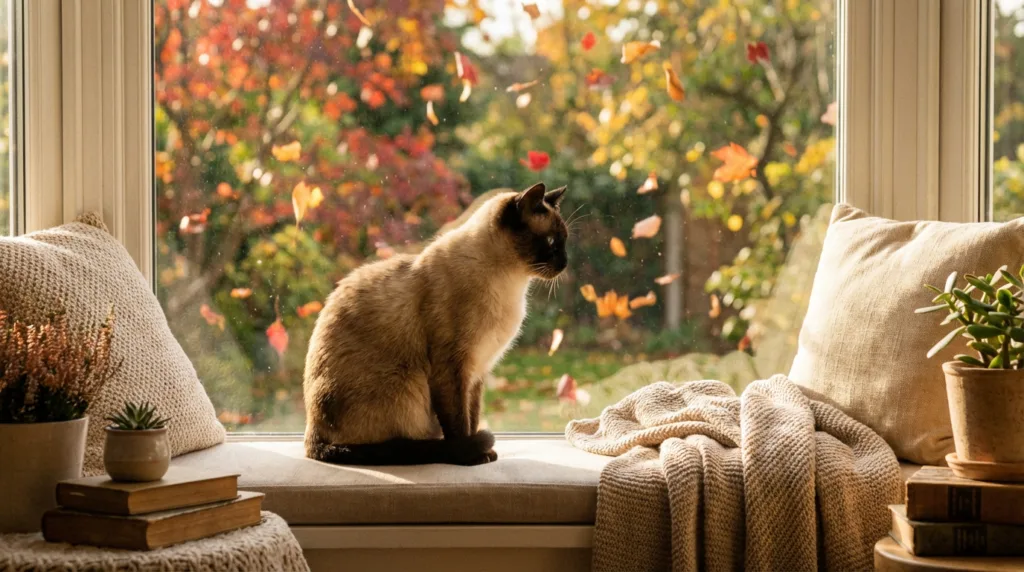 Photo : Un chat siamois paisible assis près d'une fenêtre en automne, feuilles mortes colorées dehors, lumière dorée et chaude, atmosphère cosy, le chat semble pensif et détendu, détails de fourrure douce, intérieur paisible, tons naturels (orange, marron, or), faible profondeur de champ