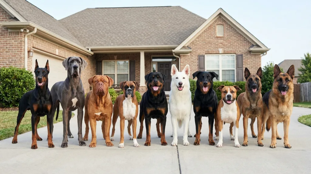 photo : Un groupe de chiens (Doberman, Dogue allemand, Dogue de Bordeaux, Boxer, Rottweiler, Berger blanc suisse, Beauceron, American Staffordshire Terrier, Malinois, Berger allemand) se tenant calmement devant une maison. Leur physique puissant et musclé, leur posture à la fois confiante et douce, leur expression affectueuse et loyale, leur présence protectrice sans agressivité, leur langage corporel détendu et leur pelage court et brillant bien visible, dans un cadre extérieur neutre, à la lumière naturelle, sont mis en valeur par une photographie professionnelle