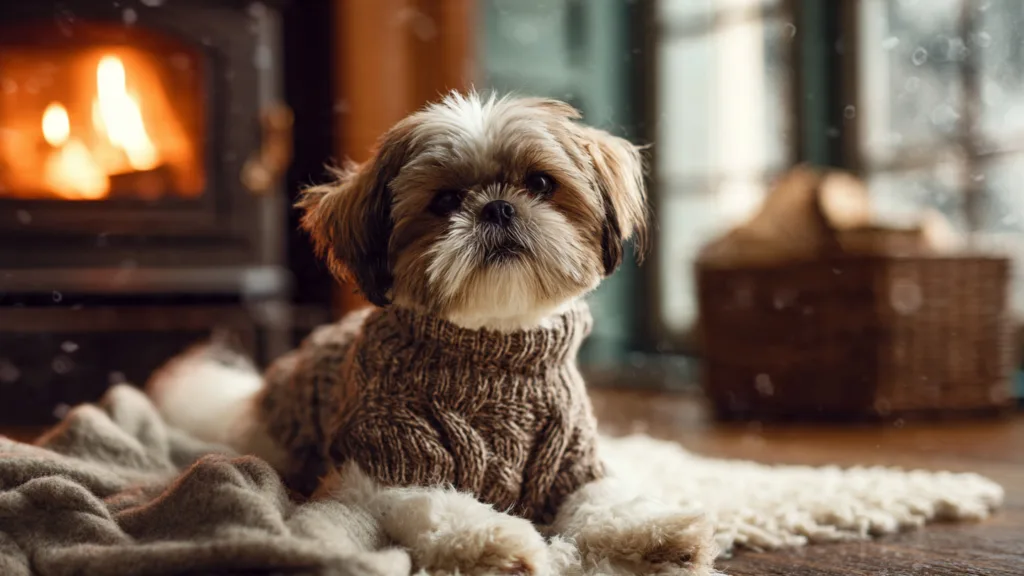 photo : A cute Shih Tzu dog wearing a small cozy knitted sweater, sitting comfortably indoors near a warm fireplace, soft blanket around it, snowy winter scene visible through the window in the background, warm golden lighting