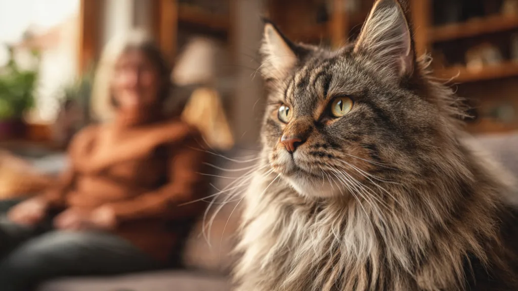 Photo : A large majestic Maine Coon cat sitting calmly in a cozy living room, long fluffy fur, tufted ears and bushy tail, looking wise and gentle. A thoughtful adult owner sitting nearby observing the cat with a smile