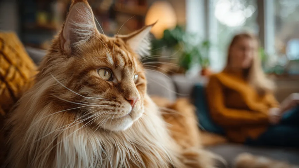 Photo : A large majestic Maine Coon cat sitting calmly in a cozy living room, long fluffy fur, tufted ears and bushy tail, looking wise and gentle. A thoughtful adult owner sitting nearby observing the cat with a smile