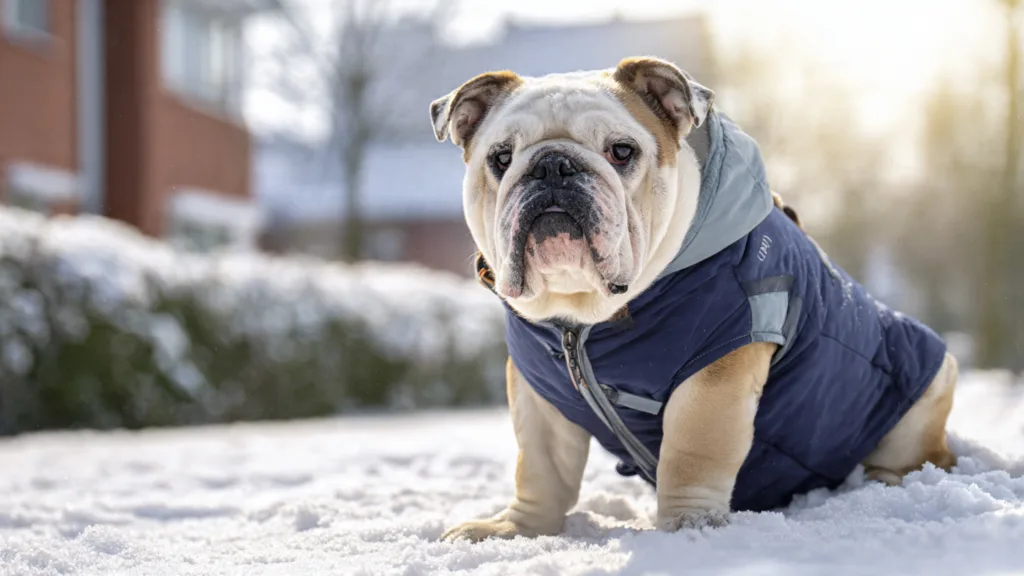 Photo : An English Bulldog in a winter outdoor setting, light snow on the ground, wearing a well-fitted warm dog coat, slightly wrinkled face clearly visible, calm and sturdy posture, owner nearby adjusting the coat or holding a leash, cozy residential background, soft natural daylight, protective and caring atmosphere, realistic professional photography - Winter-Proof Your Bulldog: Essential Cold Weather Methods for English Bulldogs