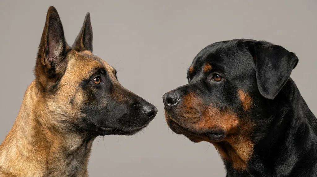 photo : Portrait-rapproche-montrant-les-tetes-dun-Malinois-et-dun-Rottweiler-face-a-face.-Les-traits-caracteristiques-de-la-race-sont-clairement-visibles-leurs-expressions-calmes-mais-intenses