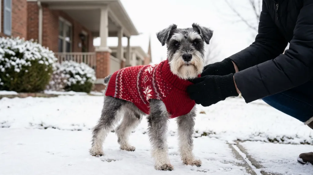 Photo : A miniature Schnauzer in a winter setting, light snow on the ground, wearing a well-fitted dog sweater, alert and healthy expression, owner gently adjusting the sweater or checking the paws, subtle cold-weather atmosphere, soft natural daylight, clean residential background, protective and proactive winter care mood, realistic professional photography