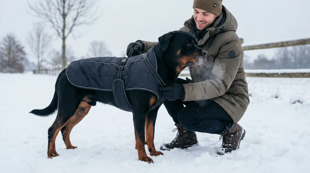 Photo : A Rottweiler in a cold winter setting receiving practical care from its owner, visible cold breath in the air, muscular body slightly tense from the cold, warm protective dog coat being gently adjusted, calm and reassuring interaction, light snow on the ground
