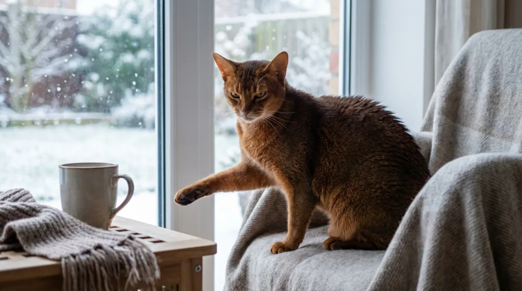 Photo : Abyssinian cat sitting indoors during winter looking slightly stiff and uncomfortable, snow visible outside the window, soft natural winter light, the cat cautiously stretching one paw, sleek reddish-brown ticked coat, expressive eyes showing mild discomfort, cozy home environment