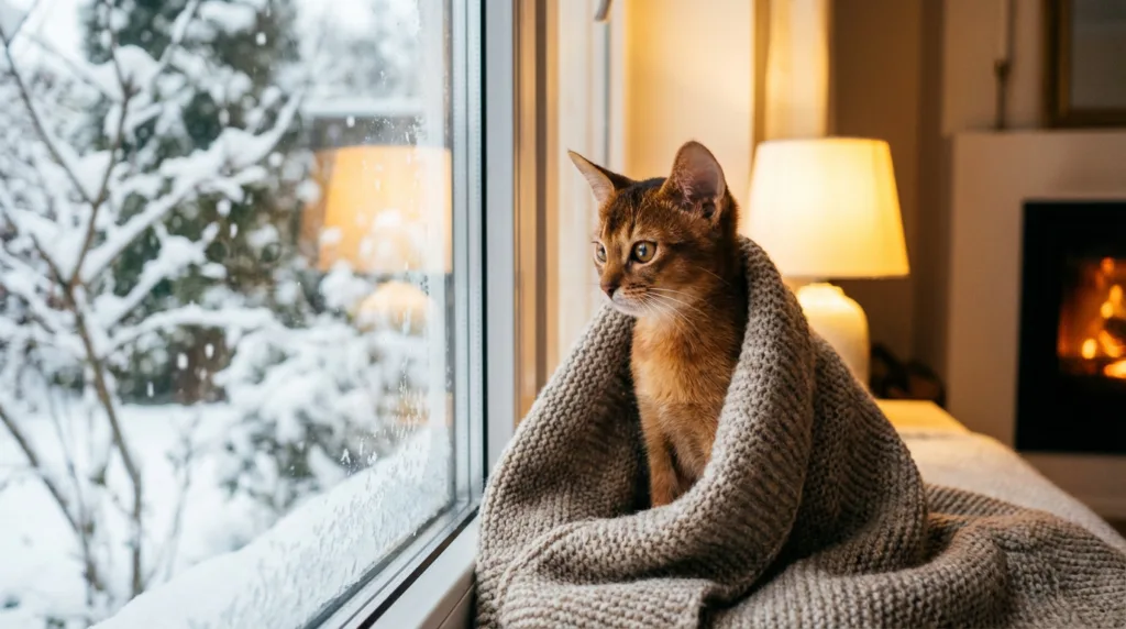 Photo : Adorable Abyssinian kitten wrapped in a soft blanket near a window in winter, snow visible outside, warm cozy interior lighting, the kitten looking calm and protected from the cold, detailed reddish ticked fur, expressive eyes, natural lifestyle photography