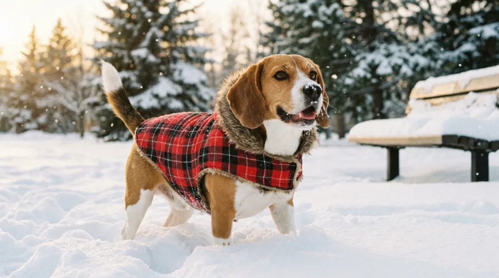 Photo : Adorable Beagle wearing a small winter dog coat while standing in the snow, snowy park background, soft falling snow, the dog looking happy and energetic, fluffy winter atmosphere