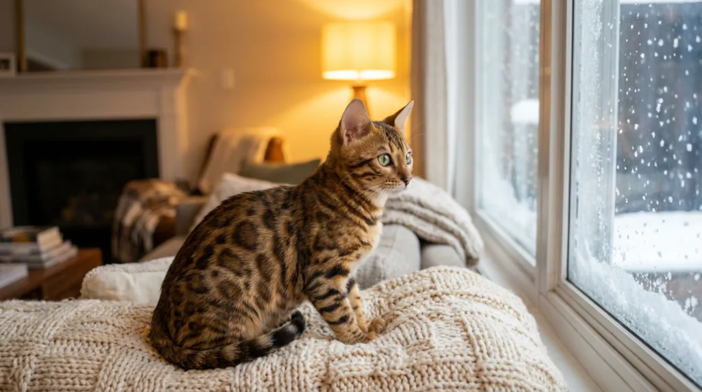 Photo : Adorable Bengal kitten sitting on a soft blanket inside a cozy home during winter, snow falling outside the window, warm golden indoor lighting, the kitten looking curious and alert, beautiful spotted coat with rich brown and golden patterns, bright green eyes, comfortable and safe environment