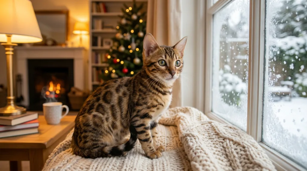 Photo : Adorable Bengal kitten sitting on a soft blanket inside a cozy home during winter, snow falling outside the window, warm golden indoor lighting, the kitten looking curious and alert, beautiful spotted coat with rich brown and golden patterns, bright green eyes, comfortable and safe environment