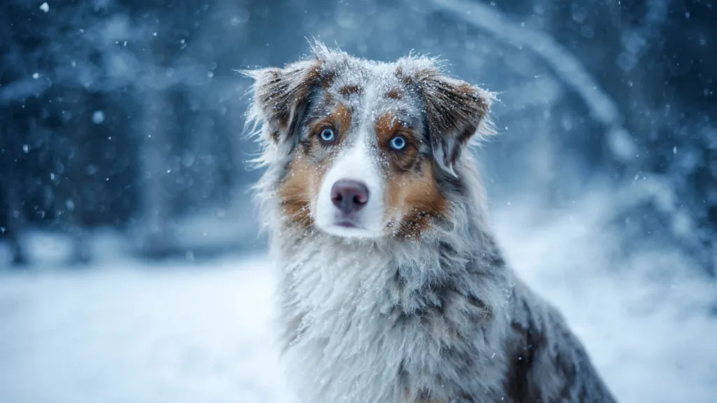 Photo : Adorable Berger Australien assis dehors en hiver sous une légère chute de neige, son pelage duveteux légèrement recouvert de neige.
