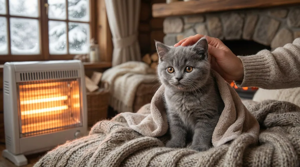Photo : Adorable British Shorthair kitten sitting on a warm towel near a heater in a cozy room during winter, snow visible outside the window, the kitten looking slightly cold but being cared for, plush blue-gray fur, round face and bright eyes, warm protective atmosphere