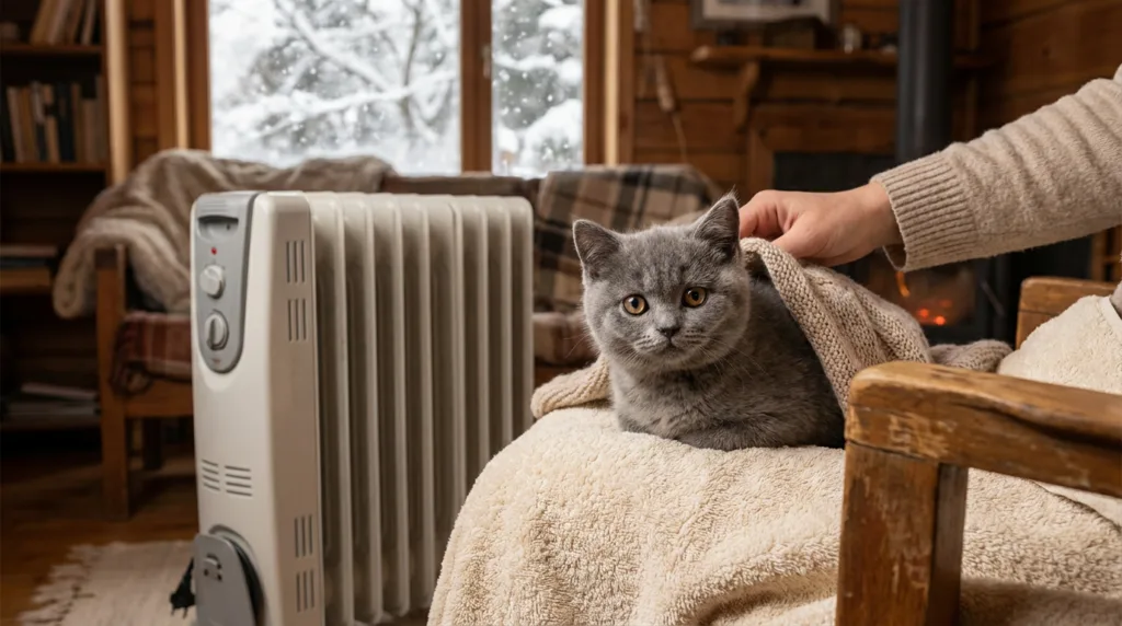 Photo : Adorable British Shorthair kitten sitting on a warm towel near a heater in a cozy room during winter, snow visible outside the window, the kitten looking slightly cold but being cared for, plush blue-gray fur, round face and bright eyes, warm protective atmosphere - Winter Care for Your British Shorthair Kitten: Essential Warmth Solutions