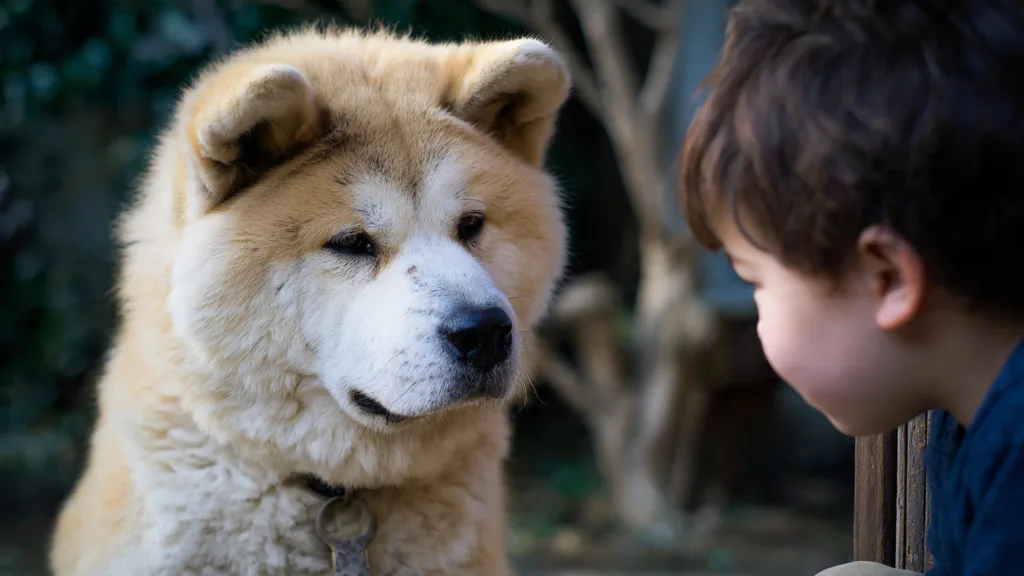 Photo : Akita Inu observant calmement un enfant dans une maison ou un jardin. L'enfant se tient à une distance respectueuse, interagissant avec douceur ou simplement présent.jpeg Akita Inu observant calmement un enfant dans une maison ou un jardin. L'enfant se tient à une distance respectueuse, interagissant avec douceur ou simplement présent-.jpeg Akita Inu observant calmement un enfant dans une maison ou un jardin. L'enfant se tient à une distance respectueuse, interagissant avec douceur ou simplement présent -.jpeg