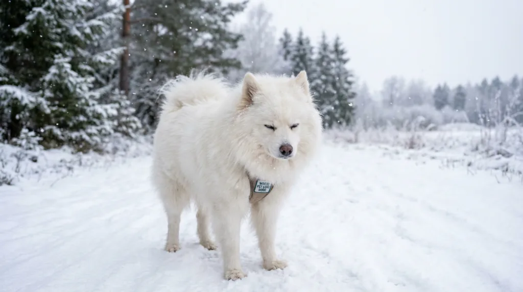 Photo : Beautiful Spitz dog standing in a snowy winter landscape looking slightly cold, fluffy fur, gentle snow falling, expressive face, clear winter background, natural photography