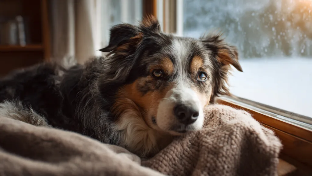 Photo : Berger australien se reposant confortablement sur une douce couverture à l'intérieur d'une maison douillette en hiver, sous la neige visible
