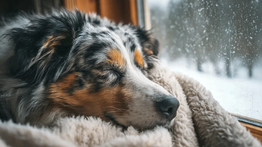 PHOTO : Berger australien se reposant confortablement sur une douce couverture à l'intérieur d'une maison douillette en hiver, sous la neige visible