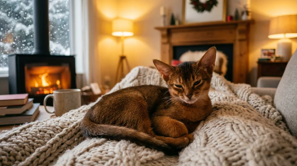 Photo : Beautiful Abyssinian kitten relaxing in a warm home during winter, soft blanket and cozy environment, snow outside the window, gentle sunlight illuminating the room, healthy and comfortable kitten, realistic editorial pet photography, warm vs cold contrast
